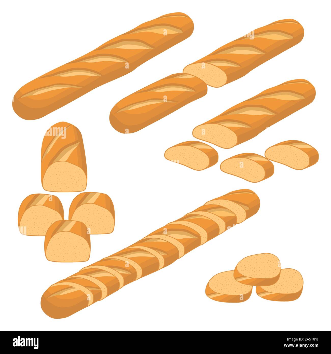 Vector illustration of set of baked bread, dark rye brick, soft