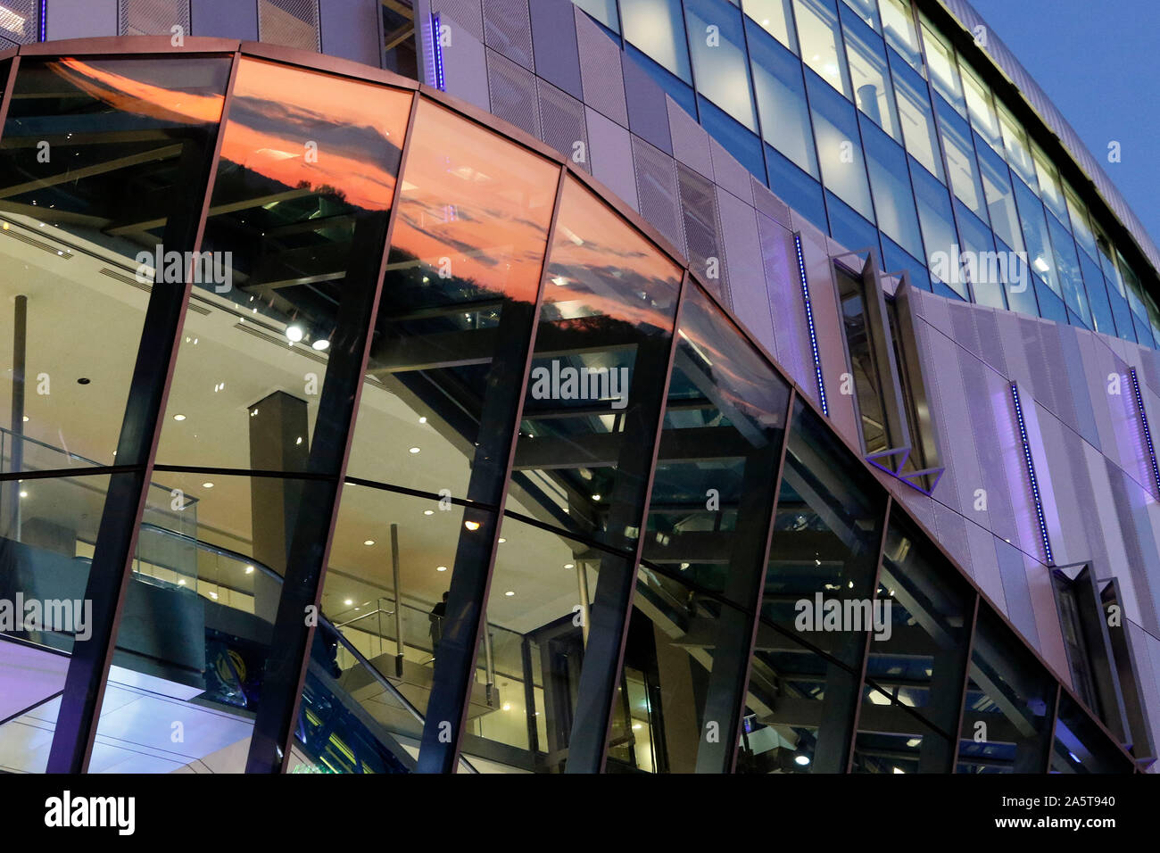 The sunset reflects in the stadium glass during the UEFA Champions League group stage match between Tottenham Hotspur and Red Star Belgrade at Tottenham Hotspur Stadium, London, England on 22 October 2019. Photo by Carlton Myrie.  Editorial use only, license required for commercial use. No use in betting, games or a single club/league/player publications. Stock Photo