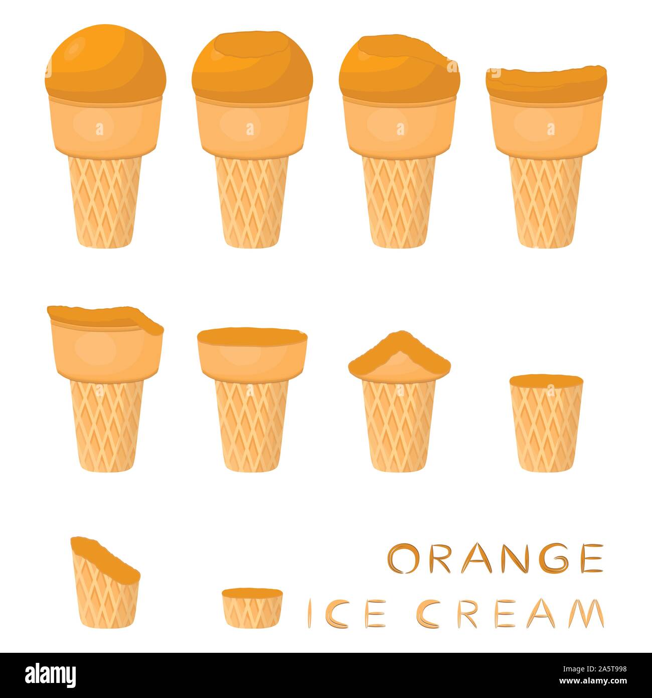 Vector illustration for natural orange ice cream on waffle cone. Ice Cream pattern consisting of sweet cold icecream, tasty frozen dessert. Fresh frui Stock Vector