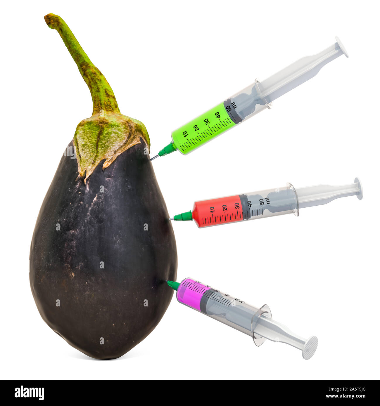 Eggplant with a syringes full of chemicals. Food Modification, concept. 3D rendering