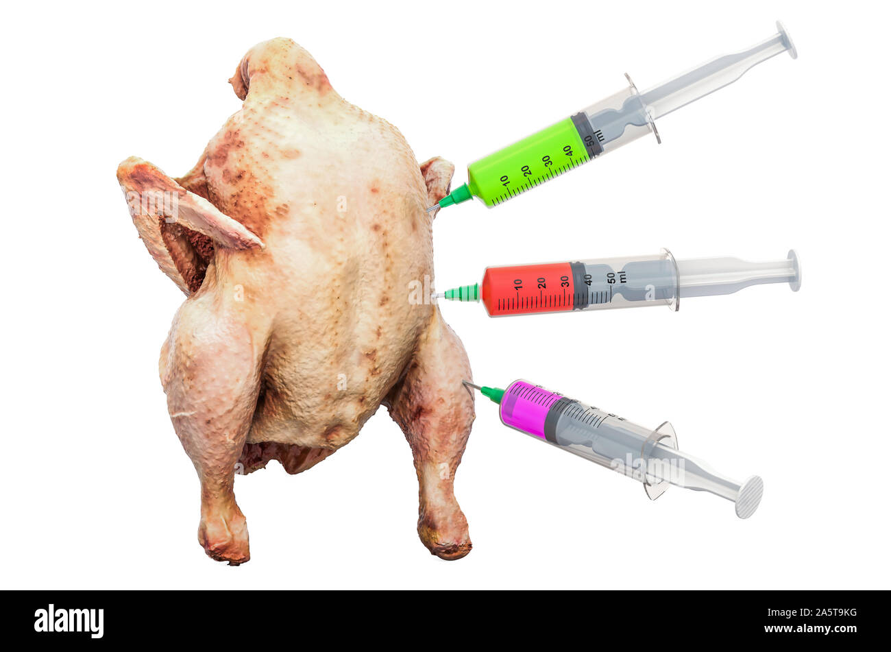 Row chicken with a syringes full of chemicals. Food