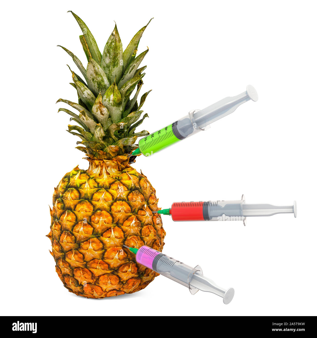 Pineapple with a syringes full of chemicals. Food Modification