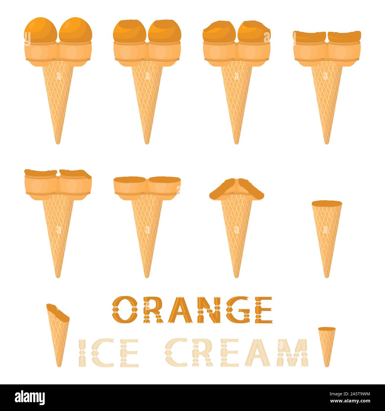 Vector illustration for natural orange ice cream on waffle cone. Ice Cream pattern consisting of sweet cold icecream, tasty frozen dessert. Fresh frui Stock Vector
