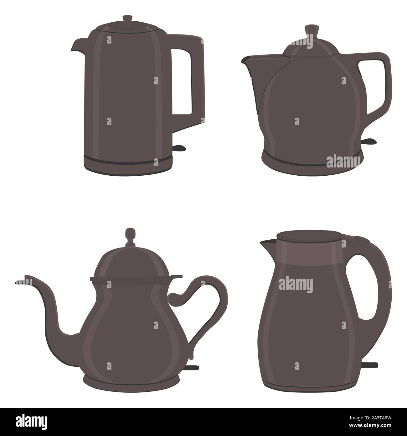 Vector illustration for set of colored electric teapots, kettles on stand. Teapot pattern consisting of iron electric kettle with handle, spout for dr Stock Vector