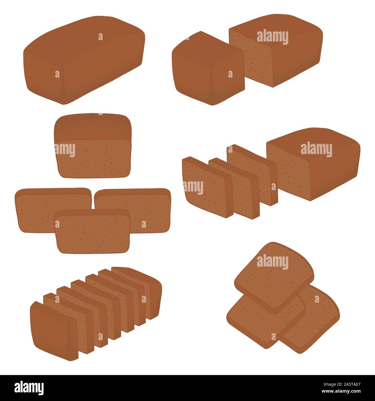 Vector illustration of set of baked bread, dark rye brick, soft