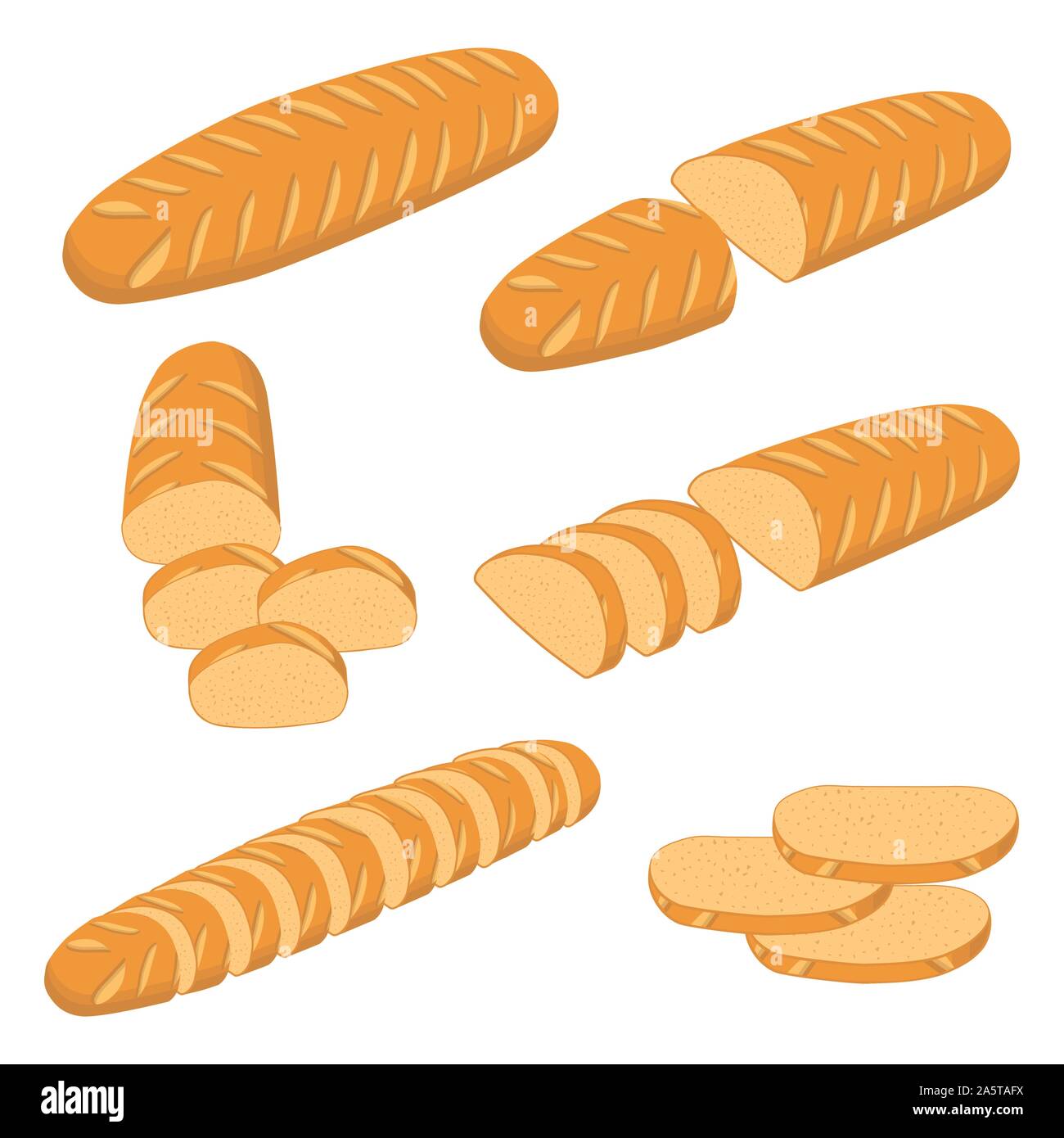 Vector illustration of set of baked bread, dark rye brick, soft baguette for bakery. Bread consisting of bakery natural tasty wheat food in sliced toa Stock Vector