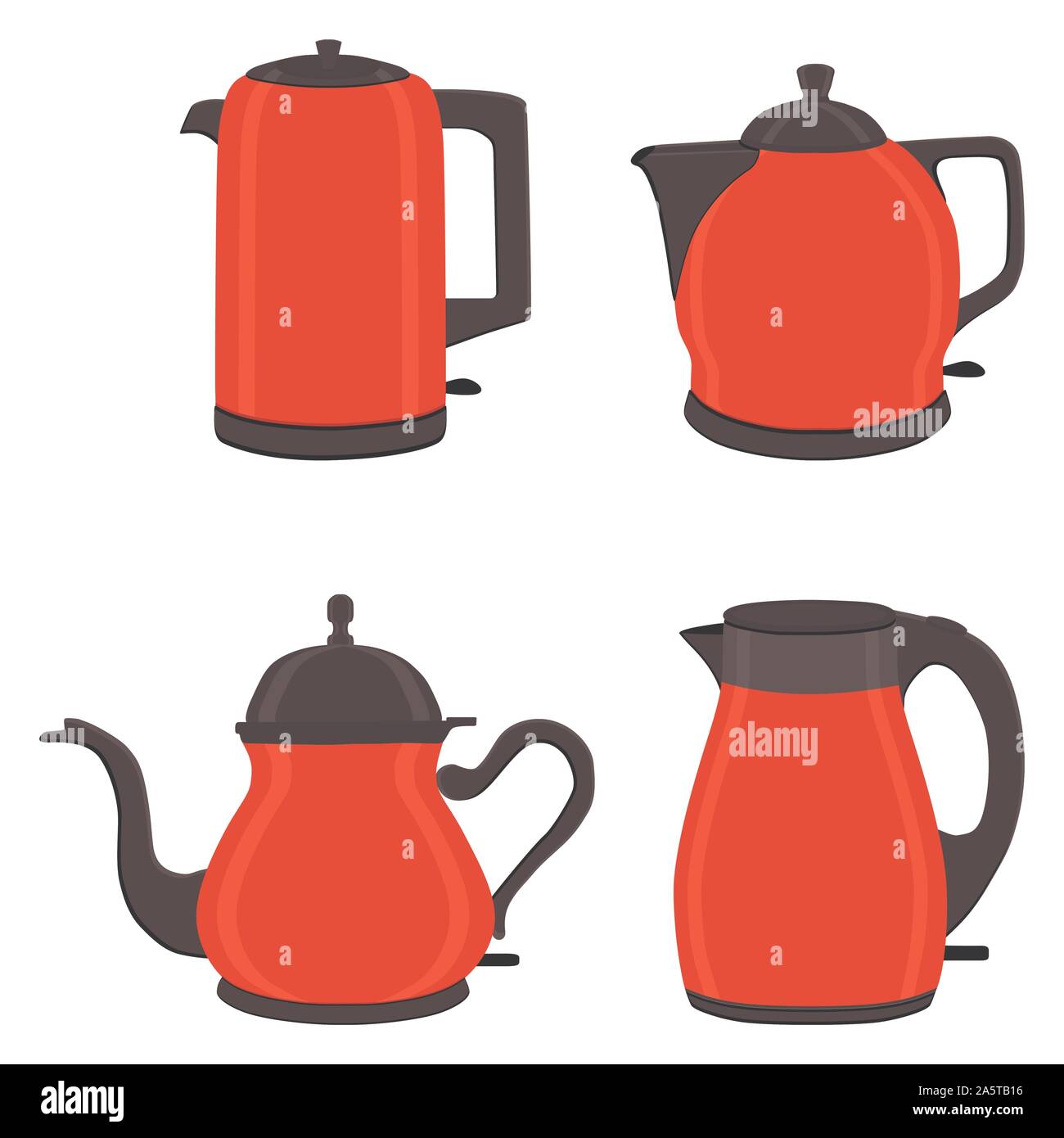 Vector illustration for set of colored electric teapots, kettles on stand. Teapot pattern consisting of iron electric kettle with handle, spout for dr Stock Vector