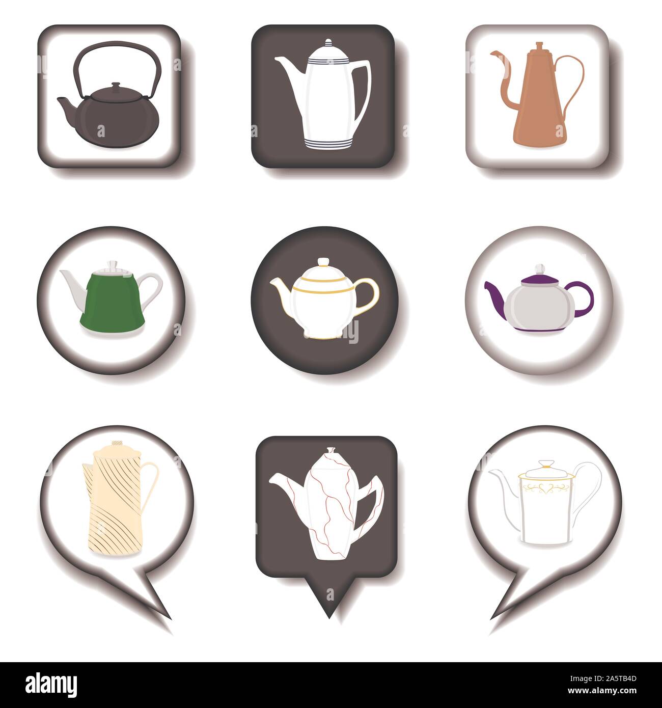 Vector illustration for set of colored ceramic teapot, kettle in icons ...