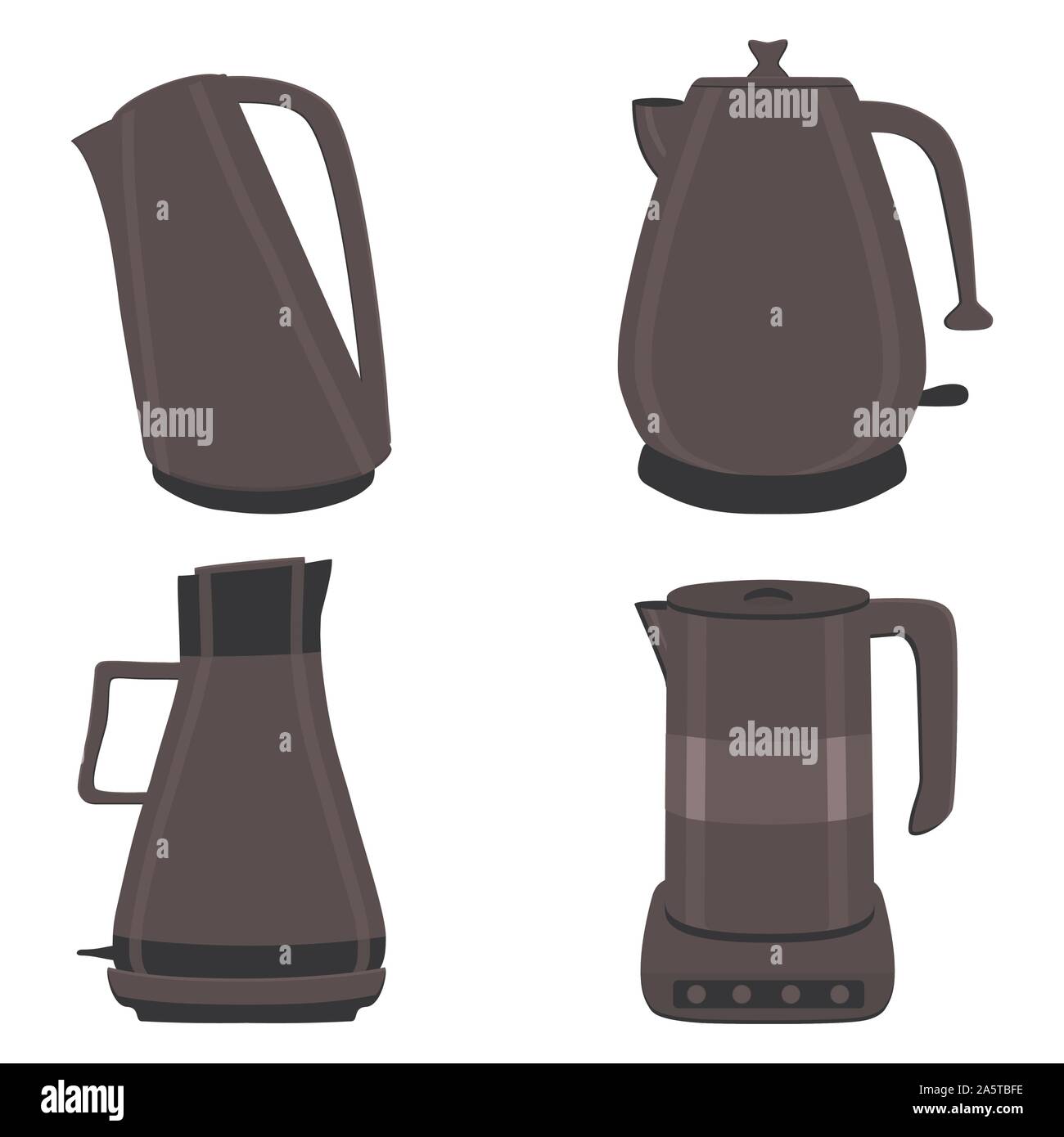 Vector illustration for set of colored electric teapots, kettles on stand. Teapot pattern consisting of iron electric kettle with handle, spout for dr Stock Vector