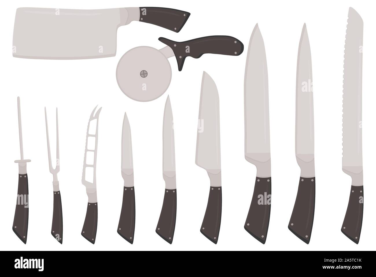 Illustration on theme big colored set different types knives different size for butcher. Knife
