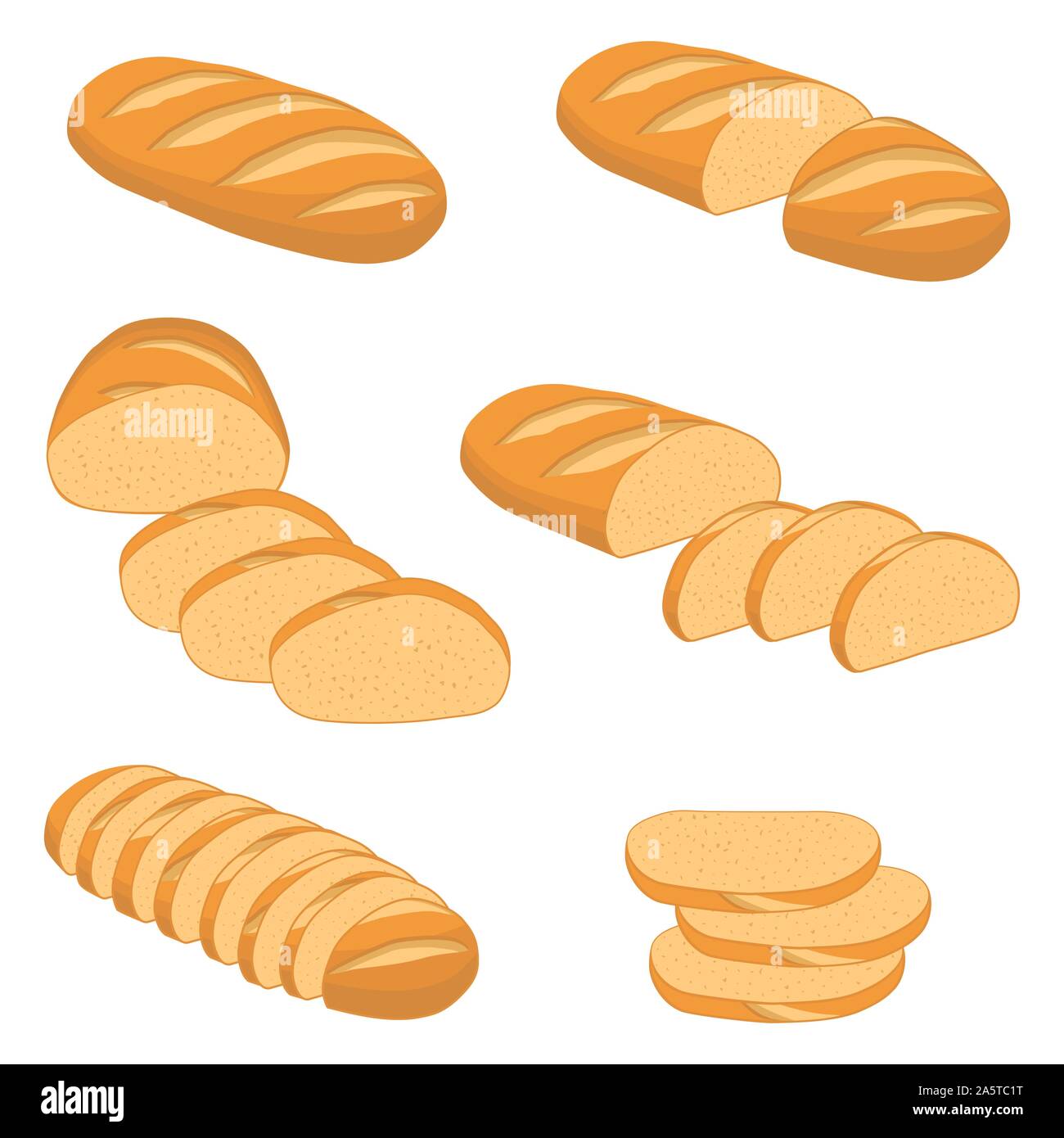 Vector illustration of set of baked bread, dark rye brick, soft