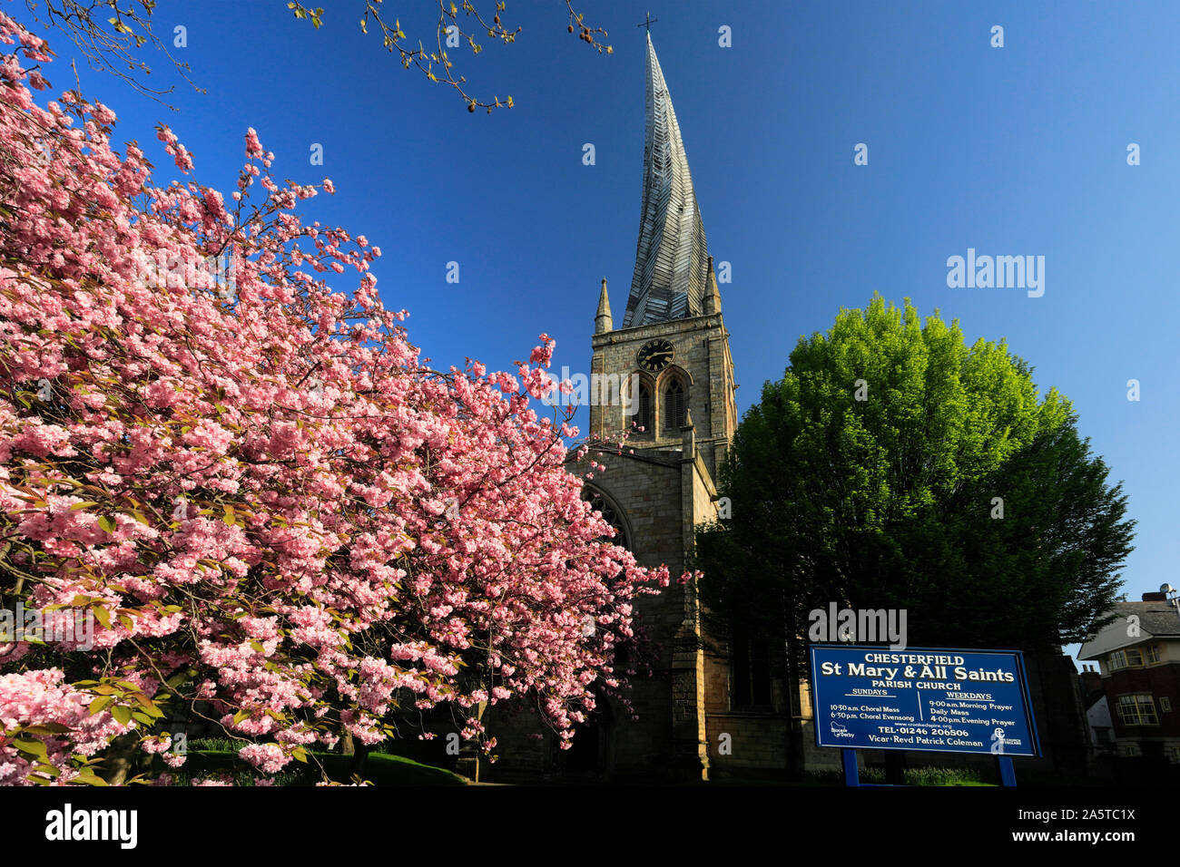 The Crooked Spire of St Mary and All saints Church, Chesterfield market town, Derbyshire, England, UK Stock Photo
