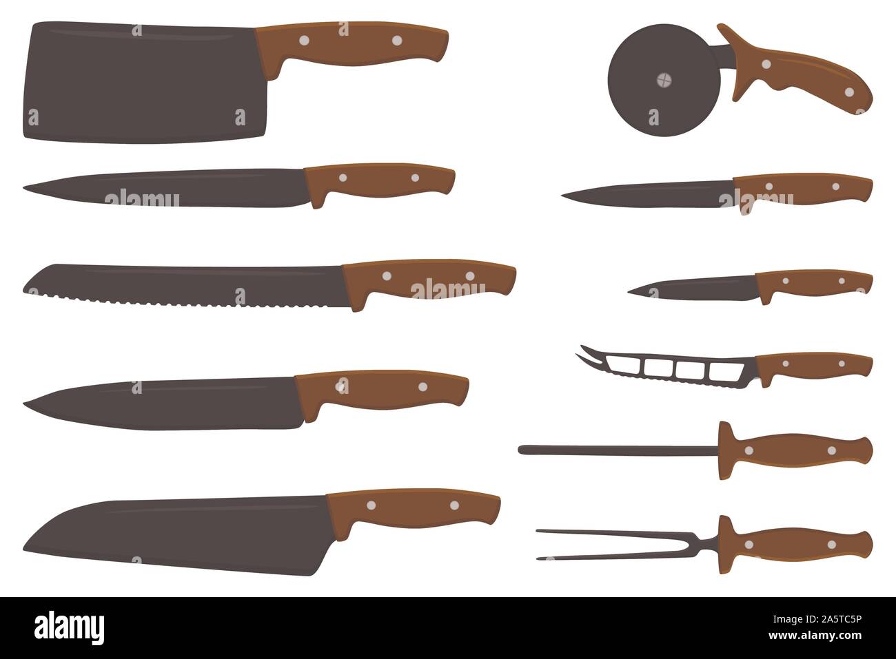 Illustration on theme big colored set different types knives different size for butcher. Knife