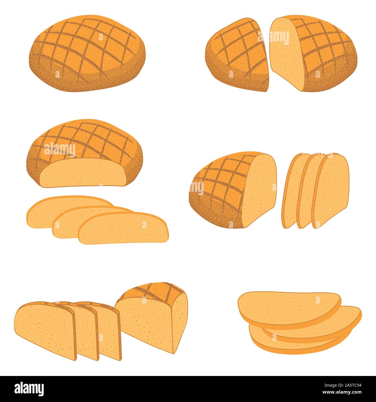Vector illustration of set of baked bread, dark rye brick, soft baguette for bakery. Bread consisting of bakery natural tasty wheat food in sliced toa Stock Vector