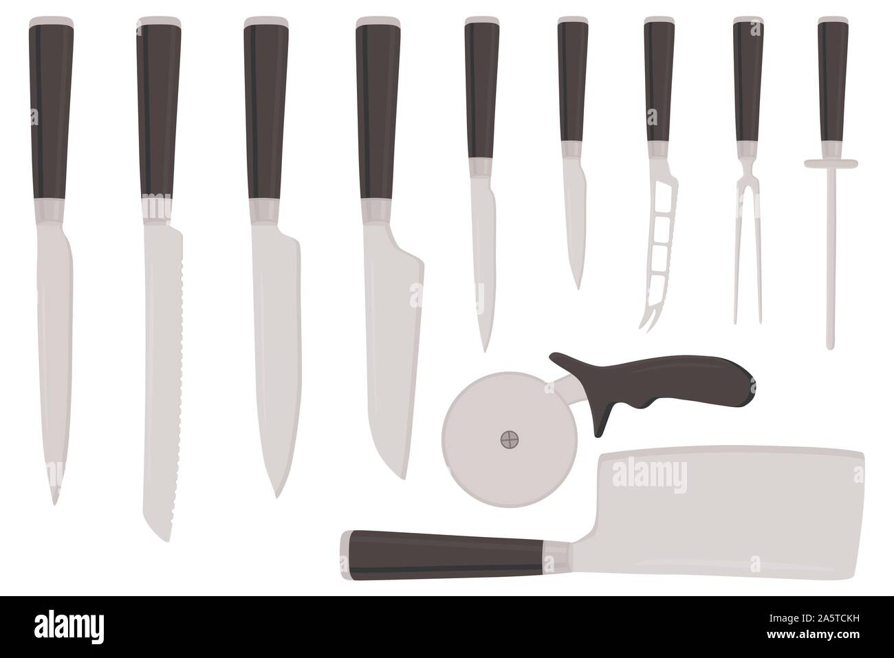 Illustration on theme big colored set different types knives different size for butcher. Knife