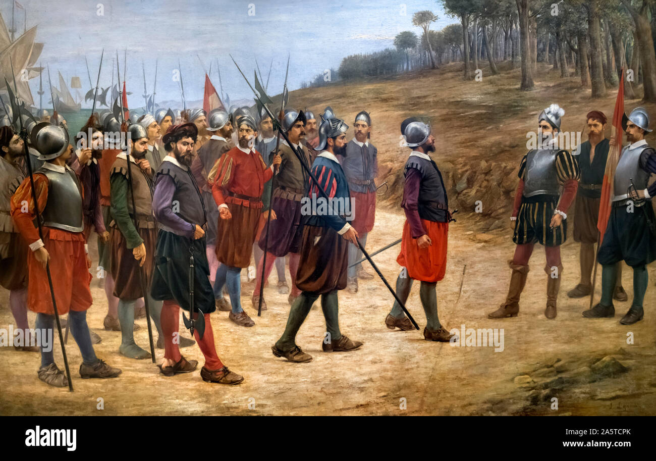 Spanish Conquistadors. Los Trece de la Isla del Gallo (The Famous Thirteen) by Juan Lepiani, oil on canvas, 1902 Stock Photo