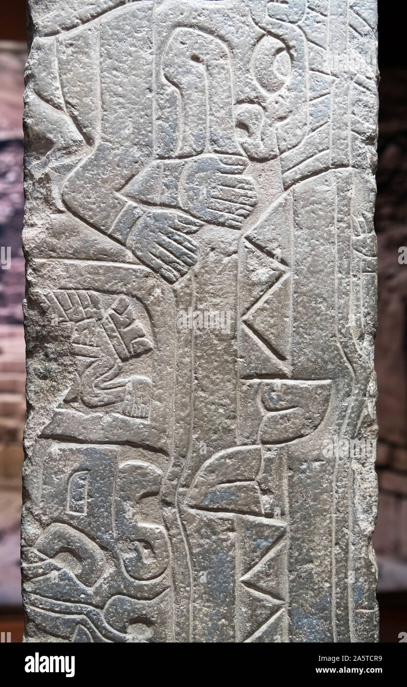 Detail from a replica of the Tello Obelisk, a Chavín de Huantár monolith stele dating from around 850 BC, National Museum of the Archaeology, Anthropology, and History of Peru (Museo Nacional de Arqueología Antropología e Historia del Perú), Lima, Peru, South America Stock Photo