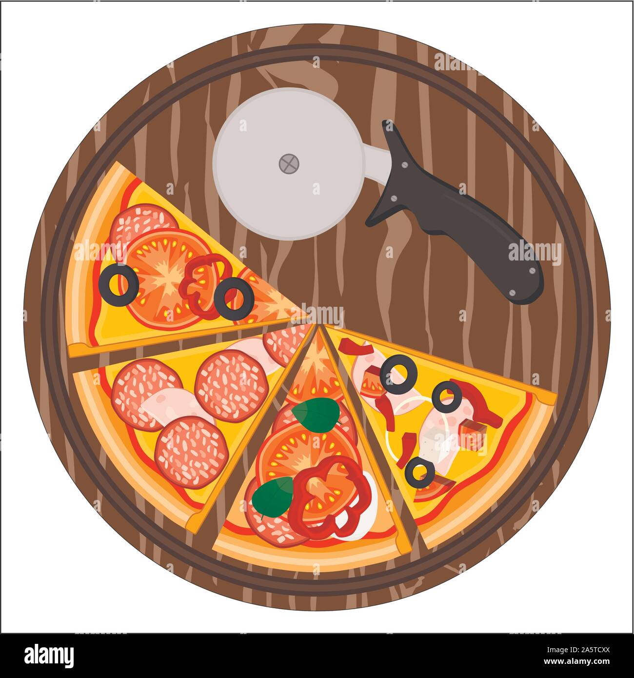 Vector illustration logo for whole round hot pizza, slice triangle from pizzeria menu. Pizza on wood board, ingredients for pizzeria to chalkboard, fo Stock Vector