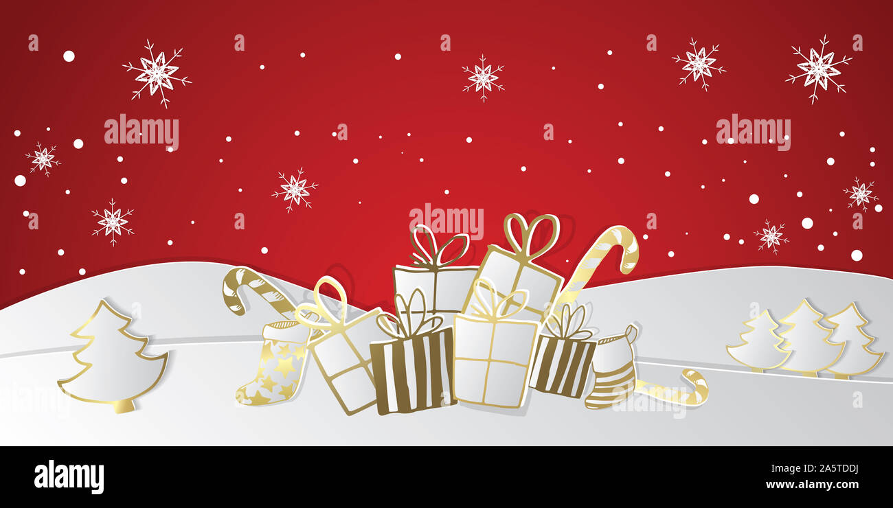 Christmas presents on a snow background design illustration Stock Photo