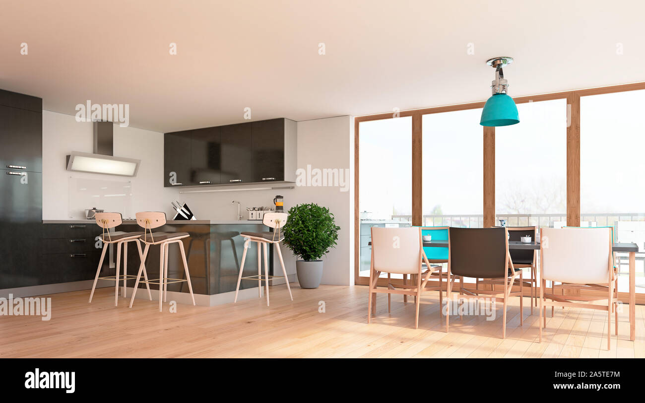 Modern interior design of open kitchen and dining room with big windows and terrace, 3d render, 3d illustration Stock Photo