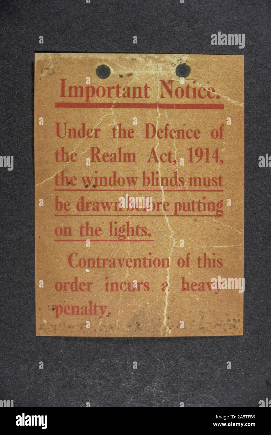 Important Notice tag "Under the Defence of the Realm" a piece of replica memorabilia from the World War One era. Stock Photo