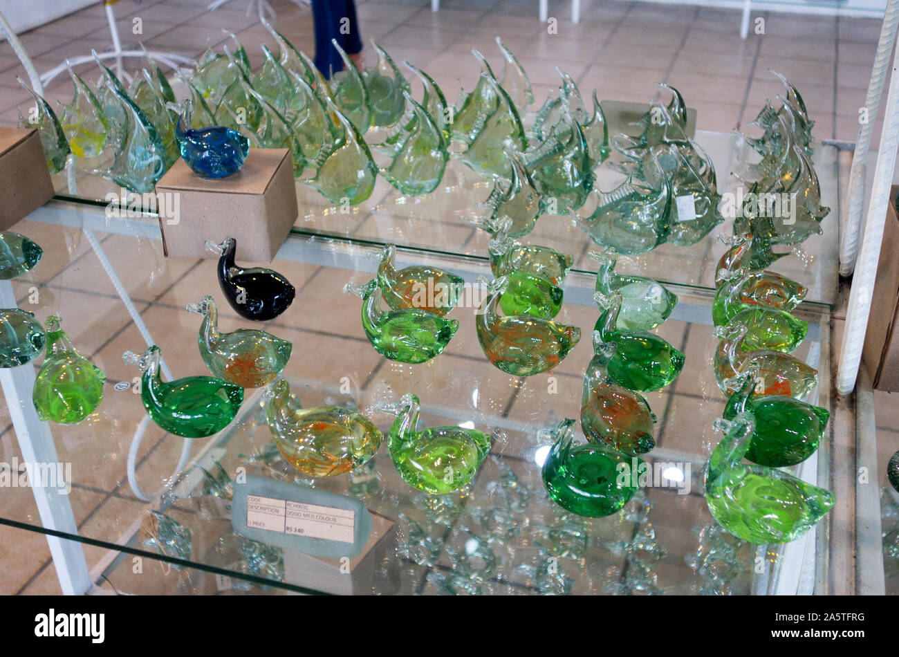 Mauritius crafts; glass dodos made for tourism; Mauritius Glass Gallery, Vacoas-Phoenix town, Mauritius Stock Photo