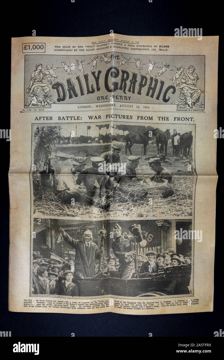 Front page of 'The Daily Graphic' wartime magazine (12th August 1914), a piece of replica memorabilia from the World War One era. Stock Photo