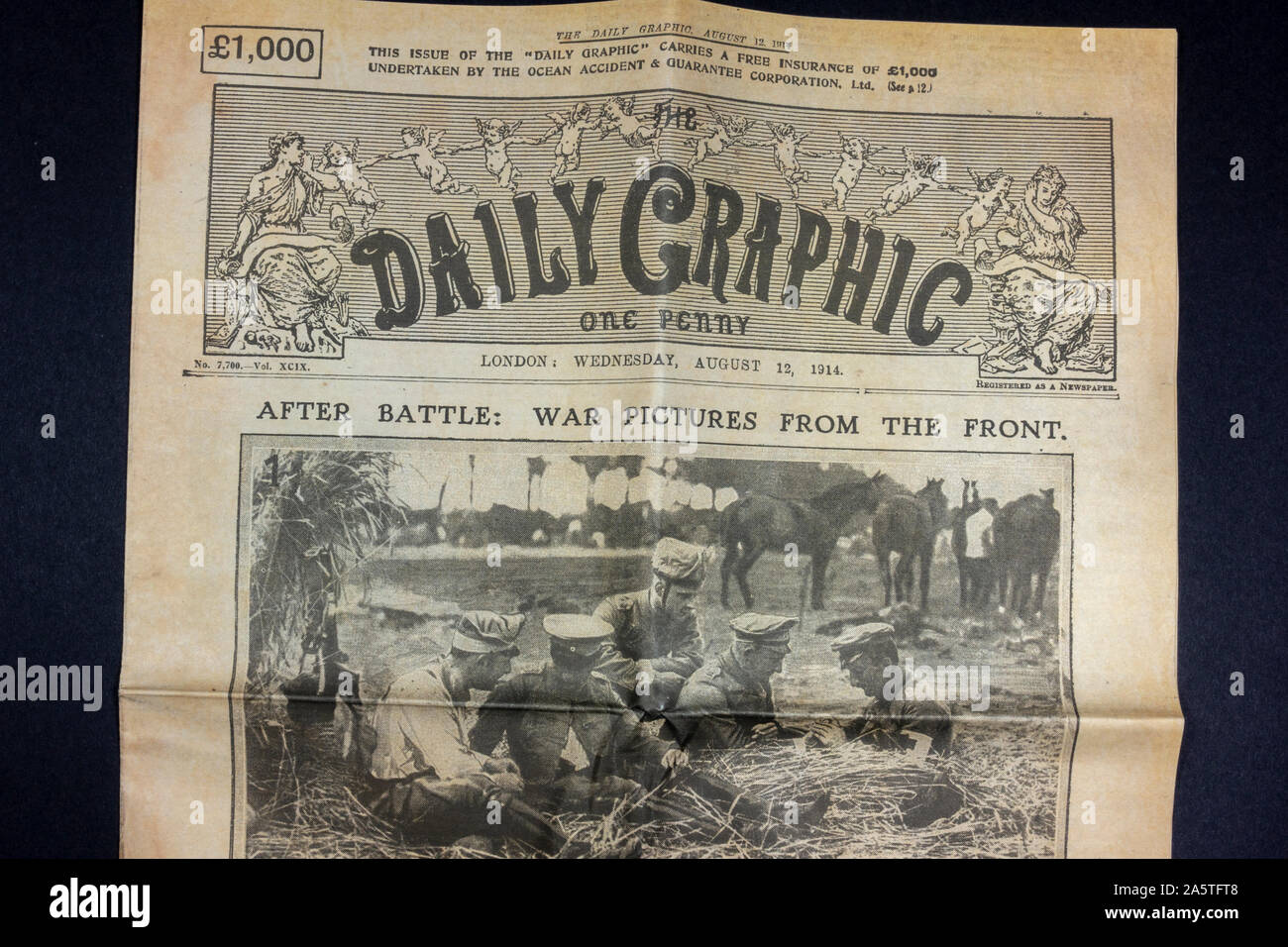 Front page of 'The Daily Graphic' wartime magazine (12th August 1914), a piece of replica memorabilia from the World War One era. Stock Photo