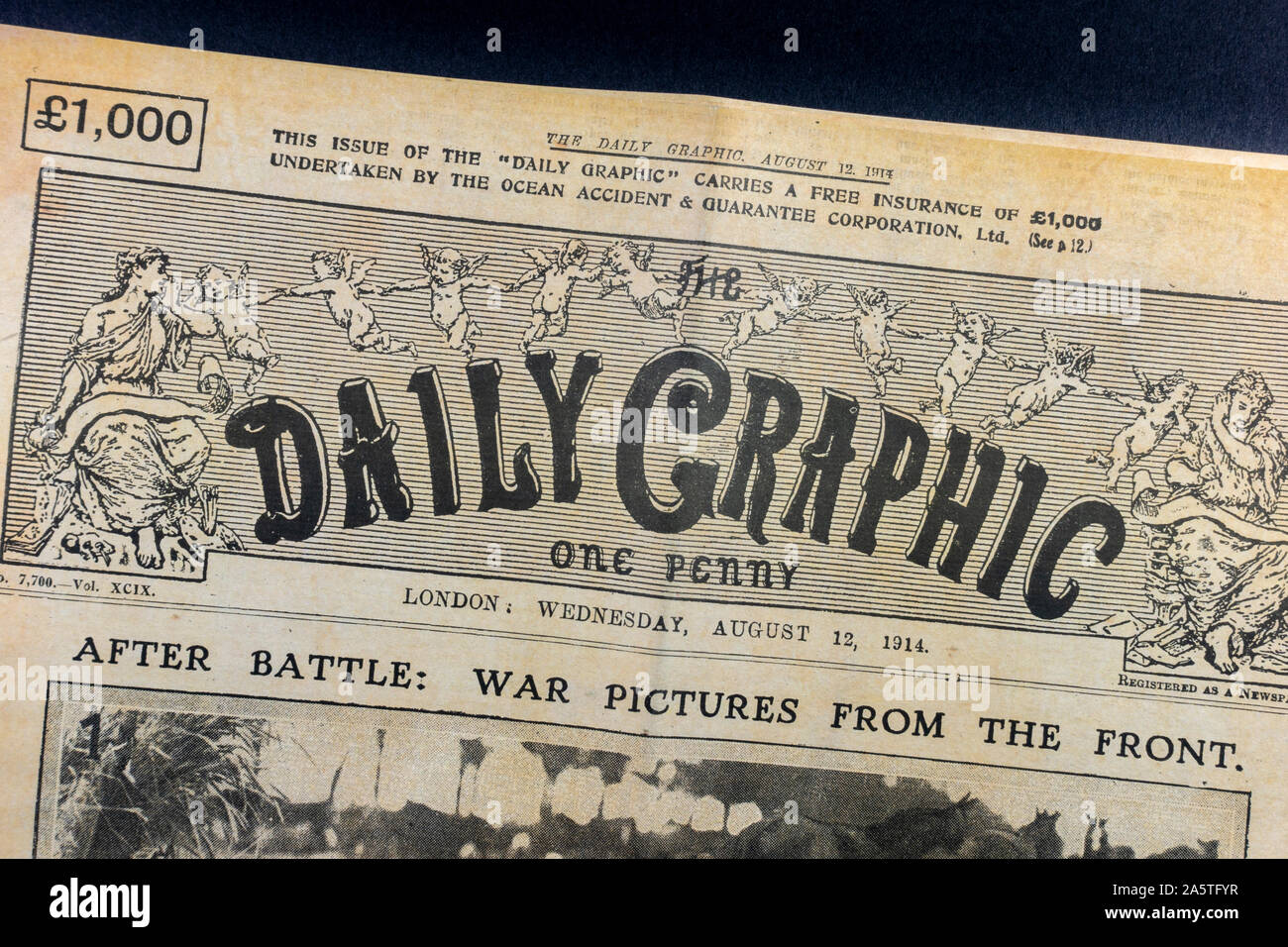 Front page masthead of 'The Daily Graphic' wartime magazine (12th August 1914), a piece of replica memorabilia from the World War One era. Stock Photo