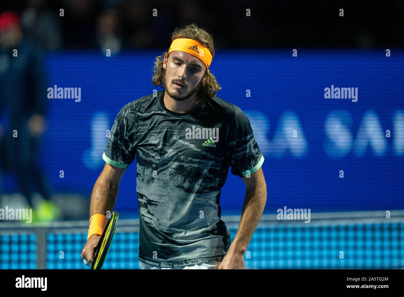 BASEL, SWITZERALND - OCTOBER 22: Stefanos Tsitsipas (Greece) frustrated  after a lost point during the ATP 500 Swiss Indoors 2019 Tennis match  between Stefanos Tsitsipas and Albert Ramos-Vinolas at St. Jakobshalle Basel