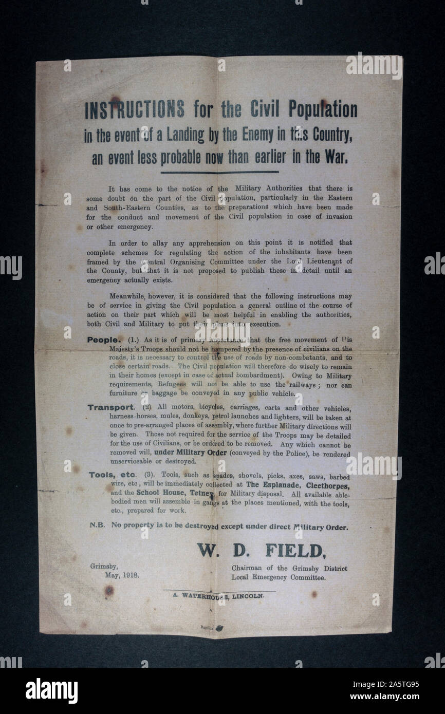 'Instructions for the Civil population in the event of a landing by the enemy' leaflet, a piece of replica memorabilia from the World War One era. Stock Photo