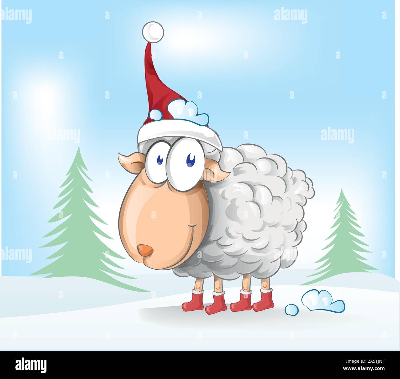 sheep christmas mascot cartoon on winter background Stock Vector