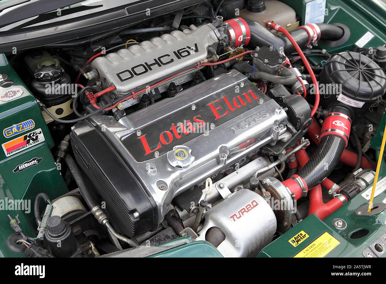 Viewed here is the engine compartment of an Lotus Elan Sports Car, on display in Shrewsbury, Shropshire, England. Stock Photo