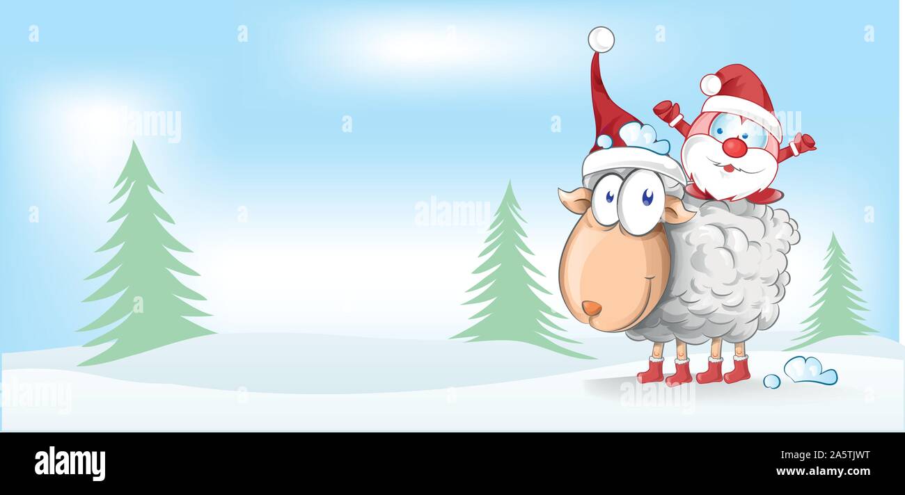 sheep christmas mascot with santa claus cartoon Stock Vector