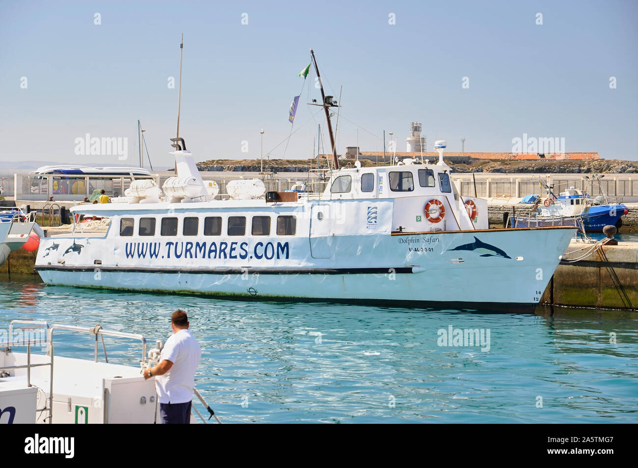 Whale watching boat called Dolphin Safari from Turmares whale-watching agency docked at Tarifa port (Tarifa, Cádiz, Andalusia, Spain) Stock Photo