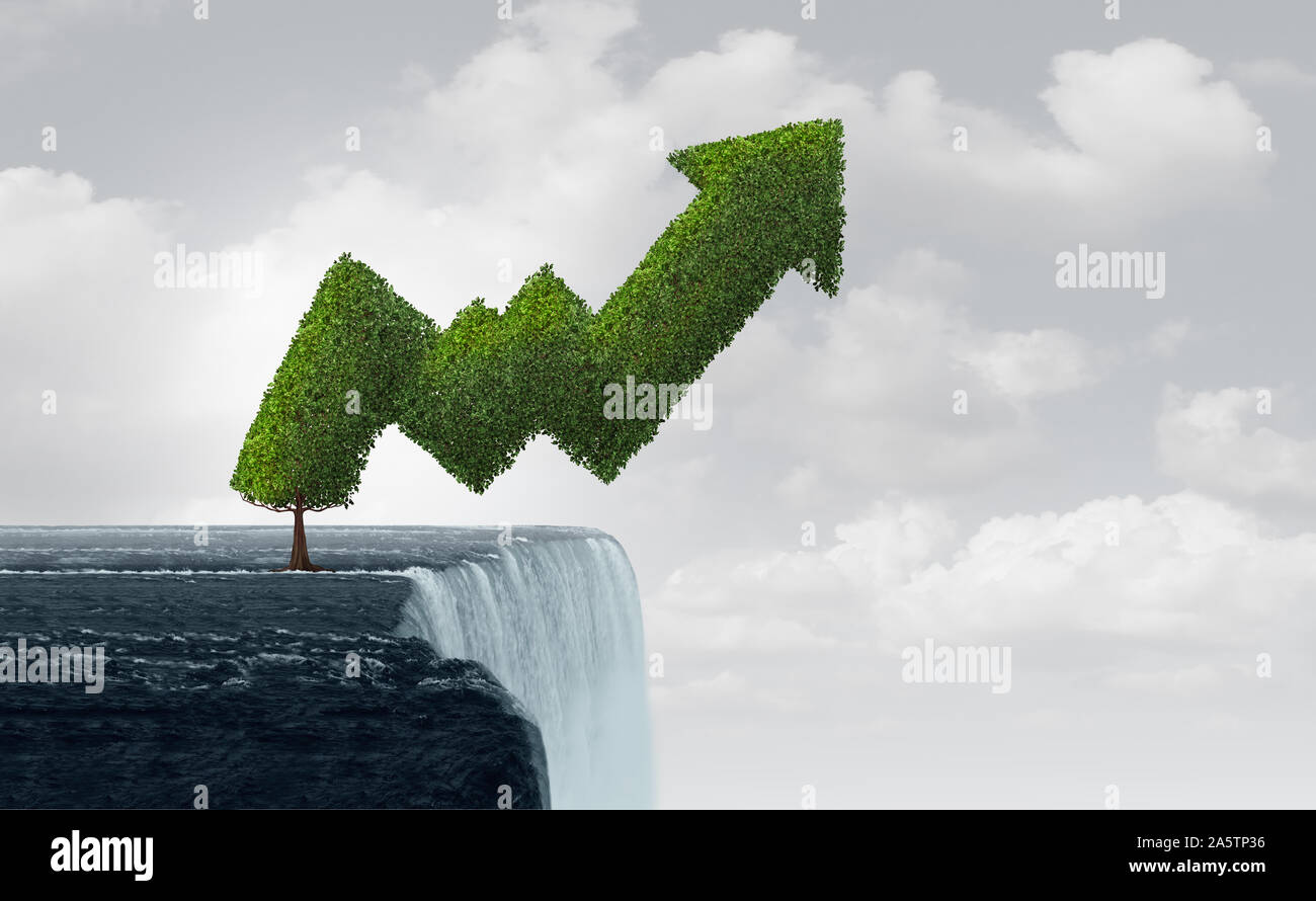 Growth in turbulent times and risky unstable market as a business success metaphor as a tree shaped as a precarious economic profit graph. Stock Photo