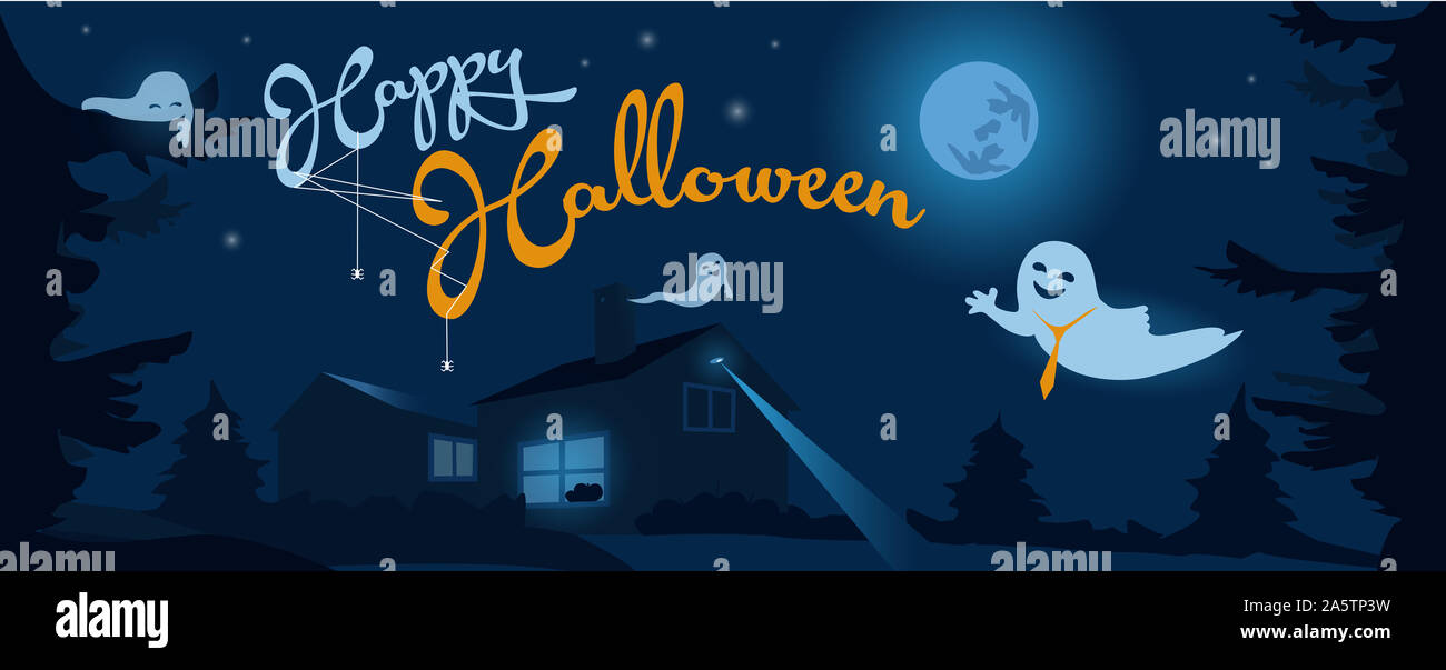 Halloween night background with ghosts, haunted house and full moon