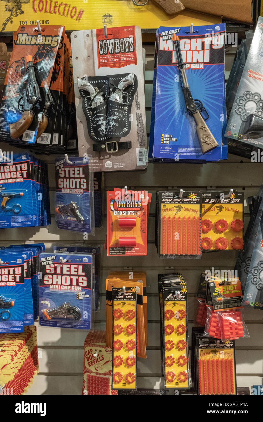 display of toy guns & ammo in Old Town Albuquerque, New Mexico Stock Photo