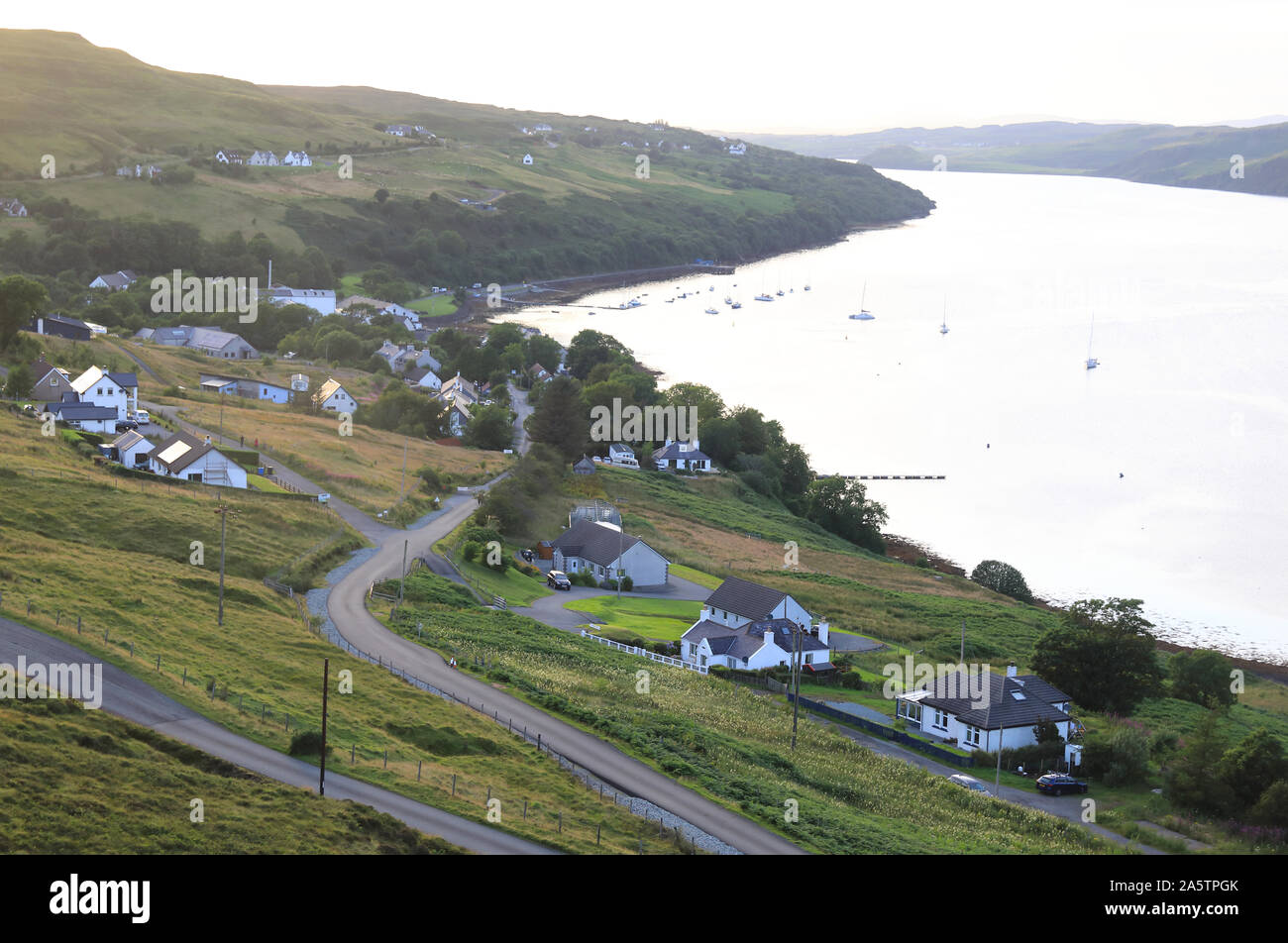 View over Carbost on Loch Harport, at sunset, on the Isle of Skye, in the Inner Hebrides, in Scotland, in the UK Stock Photo