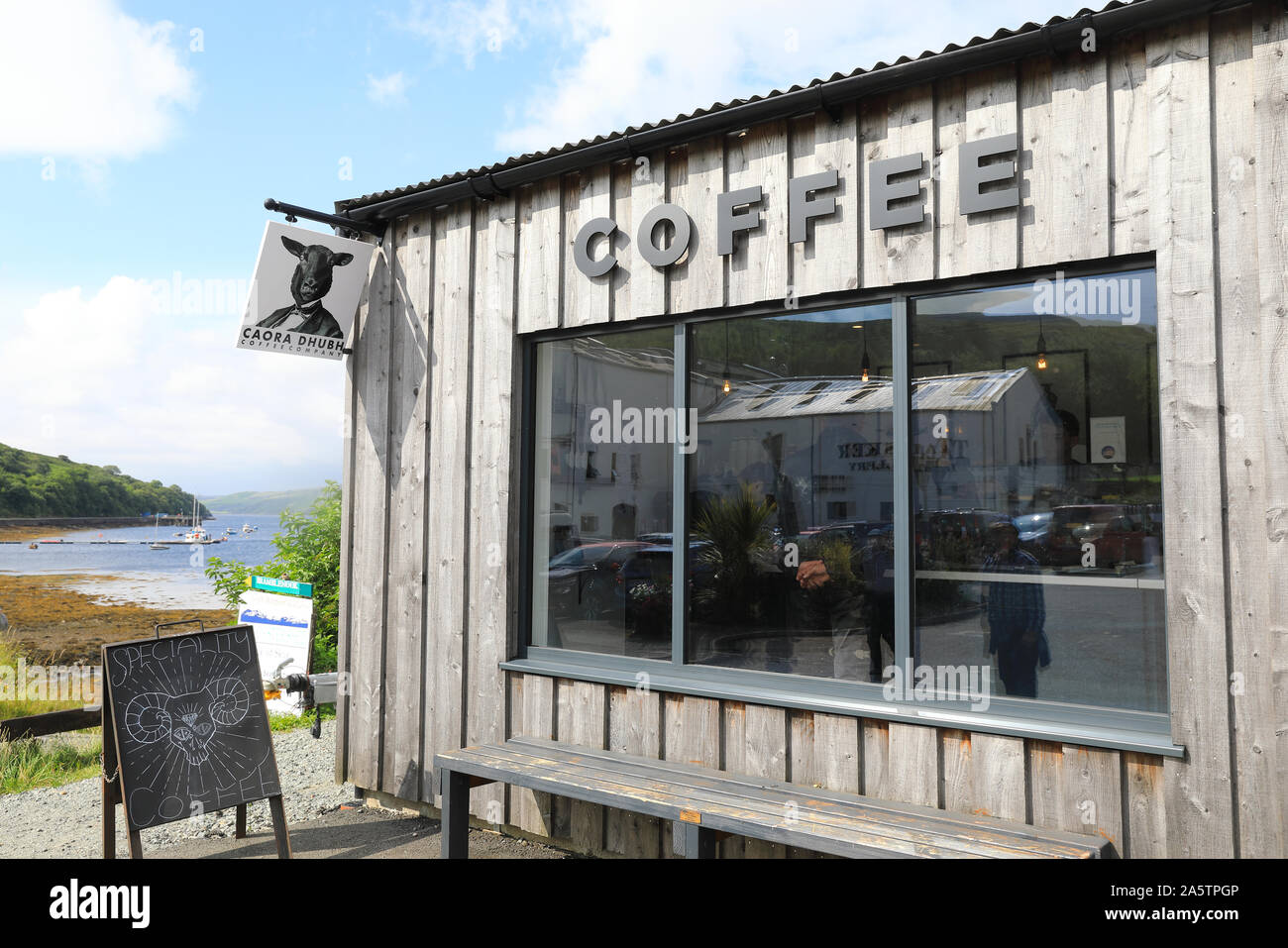 Trendy coffee cafe, Caora Dhubh, in Carbost, on Loch Harport, on the Isle of Skye, in Scotland's Inner Hebrides, UK Stock Photo