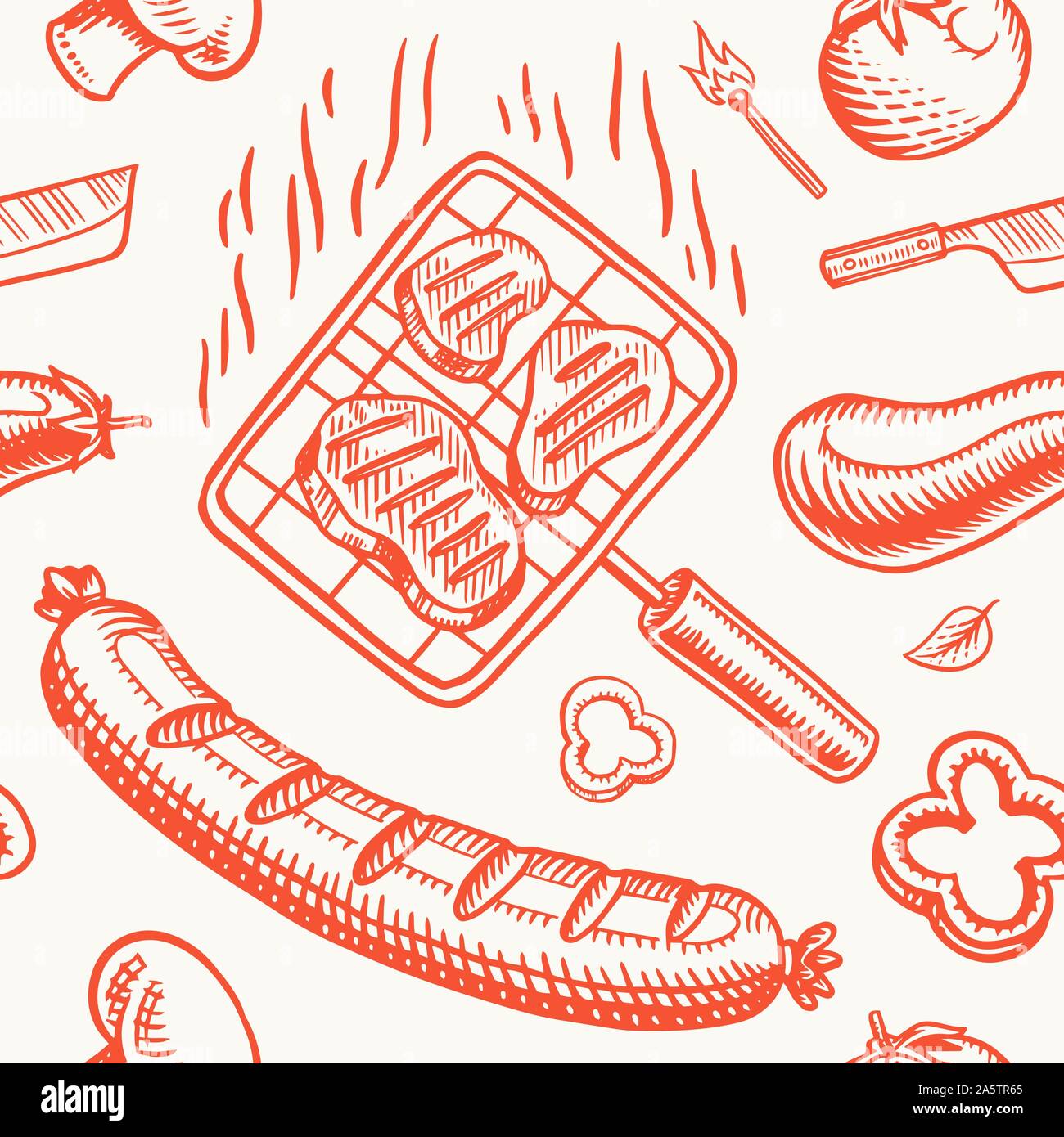 Barbecue grill seamless pattern in vintage style. Drawn by hand. Bbq ...