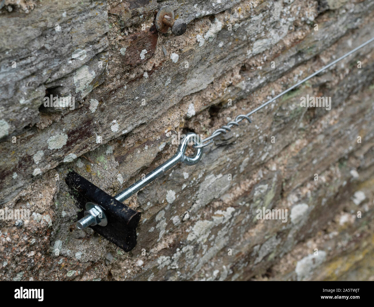 Vine eye and anchor plate for tensioning climbing plant support wire on an old stone wall Stock Photo