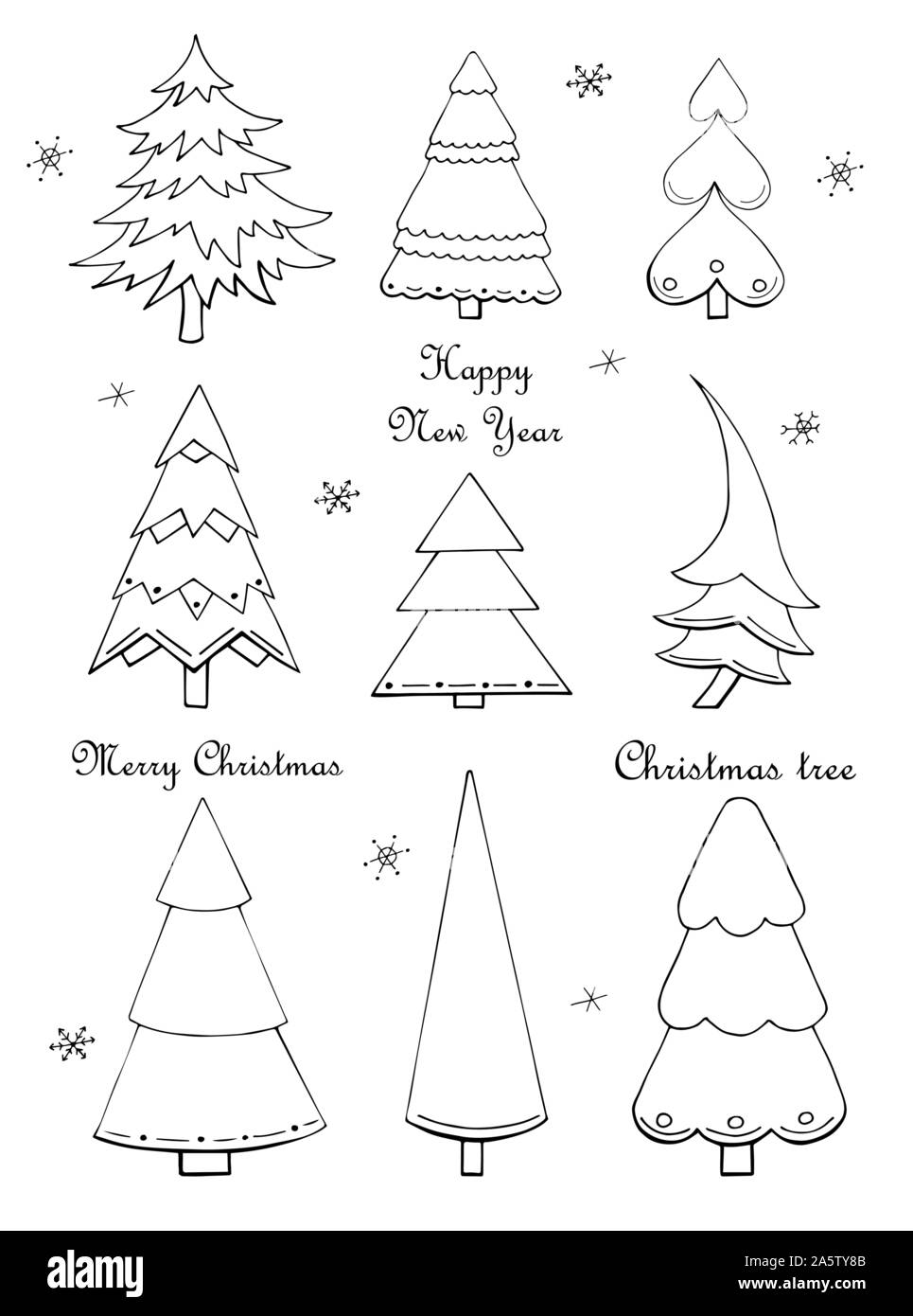 Vector illustrations. Set of hand drawn Christmas trees and snowflakes ...