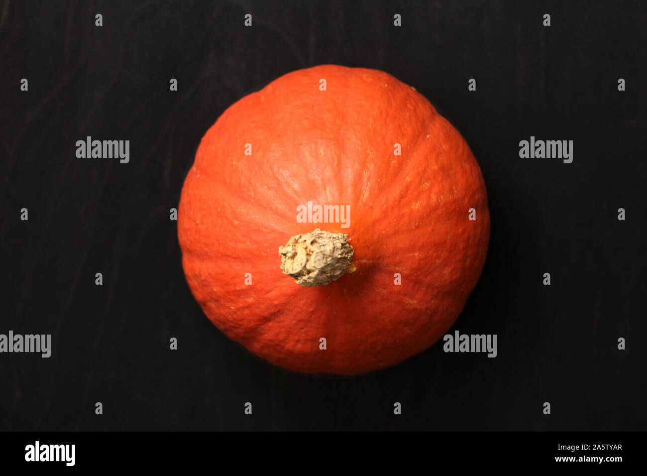 Raw red kuri squash on a dark background. Top view a small pumpkin ...