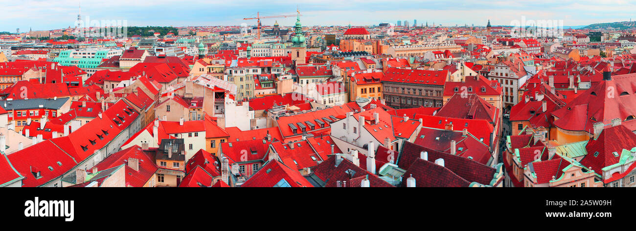 Red roofs of Praha. Aeriel photo of the city. Panorama picture. Stock Photo