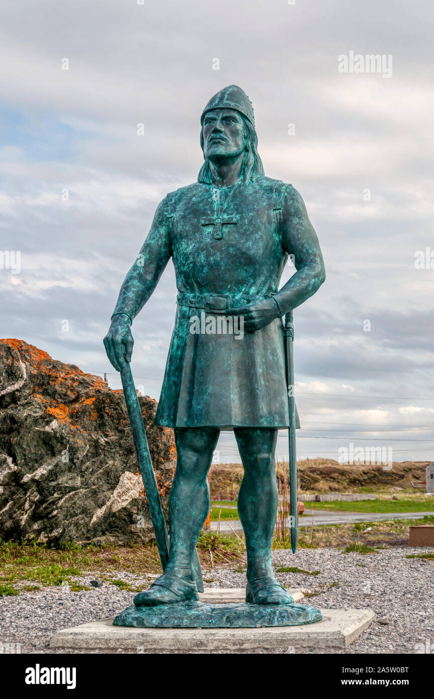 Statue of Leif Eiriksson at L'anse Aux Meadows, Newfoundland.   Donated by The Leif Ericson foundation of Seattle, Washington. Stock Photo