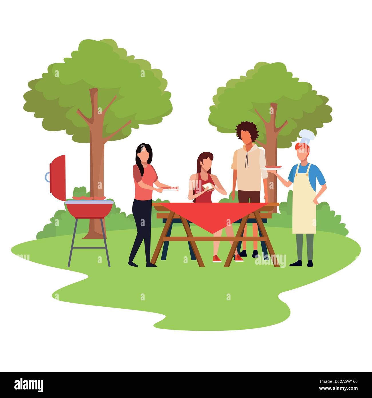 Happy Family Enjoying Picnic on Meadow in Park Cartoon Vector Illustration.  Parents Having Fun, Lunching, Playing with Kids on Weekend Leisure. Dinner  on Nature, Summer Vacations, Outdoor Activities Stock Vector