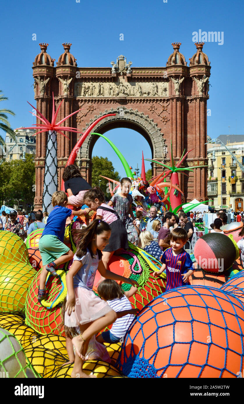 Kids playing at Ciutadella Park during La Merce 2019 in Barcelona, Spain Stock Photo