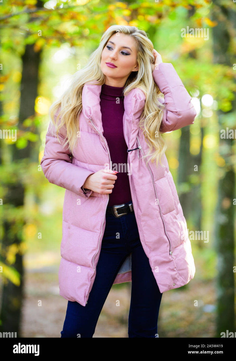Jackets everyone should have. Girl fashionable blonde walk in park ...
