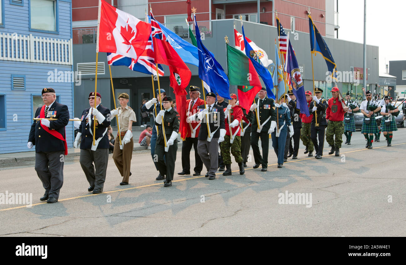 Members of the Royal Canadian Legion take part in the Canada Day Parade held on July 01, 2019 in Whitehorse, Yukon Territory, Canada. Stock Photo